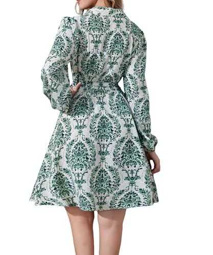 Image of Women Long Sleeve Spring Button Down A-Line Floral Print Summer Cocktail Shirt Dresses with Belt