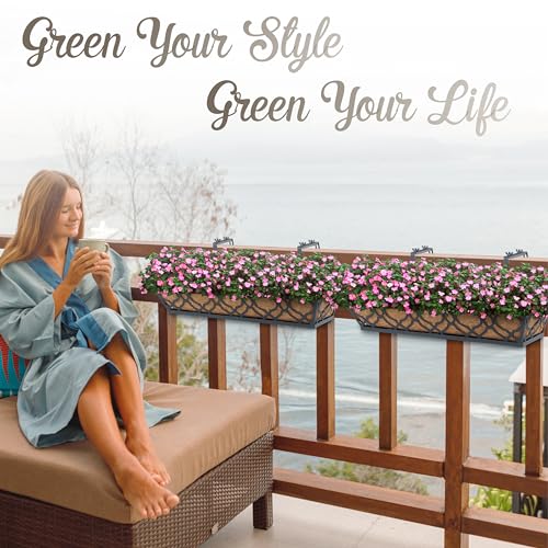 2B-GARDEN Window Deck Box Railing Planter Boxes with Coco Liner (Pack 4), 24'' Window Basket Deck Railing Planter Boxes, Weatherproof/Durable Metal Hanging Flower Planter for Outdoor Garden Fence Law