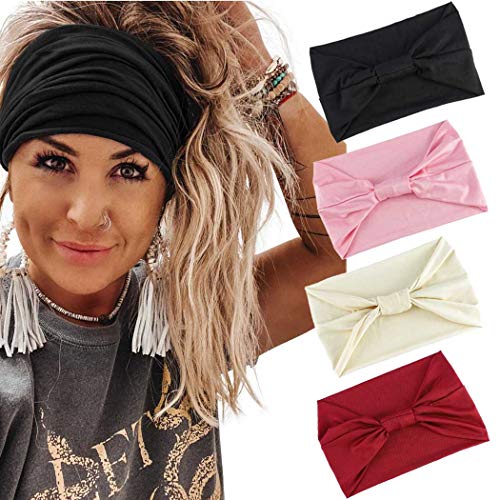 Gortin Boho Headbands Stretch Yoga Hair Bands Elastic Wide Head Wraps Workout Turban Headband Twist Cloth Faahion Head Bands for Woemn and Girls 4 Pcs (Set 1)