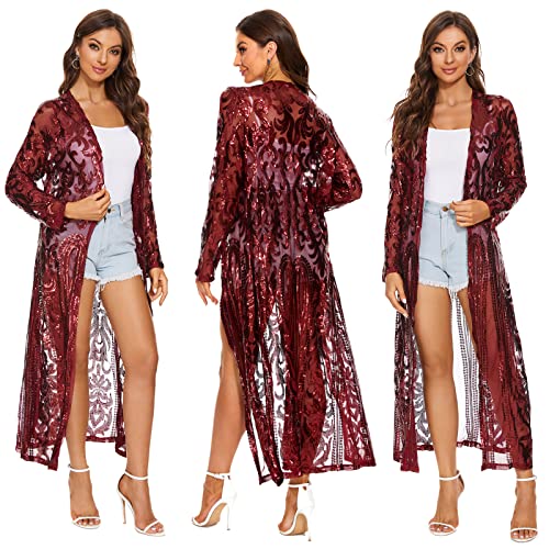 Damen Pailletten Cardigan Sommer Cover Up Kleid Glitzer Funkeln Offene Vorderseite Mantel Kleider Staubwedel für Abend Abschlussball, Weinrot, Large