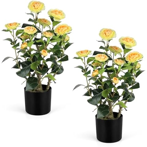 Romantic Season 2FT Yellow Artificial Camellia Tree 2Pack, Faux Camellia Plant Fake Potted Camellia Flower Tree for Modern Home Office Living Room Floor Décor Cover