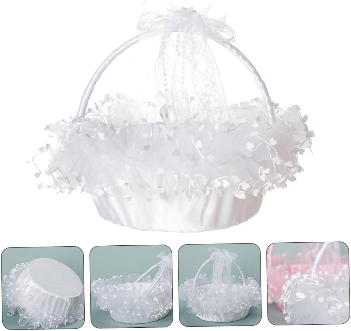 Lace Heart Wedding Basket with White Bow Portable Flower Girl Basket Decorative Petals Holder for Wedding Ceremony and Party Supplies