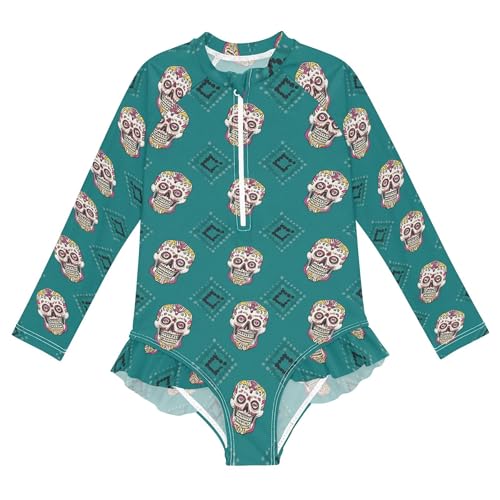 Skull Girls Long Sleeve Rashguard Swimsuit UV Protection One-Piece Swimwear Bathing Suit B0404367