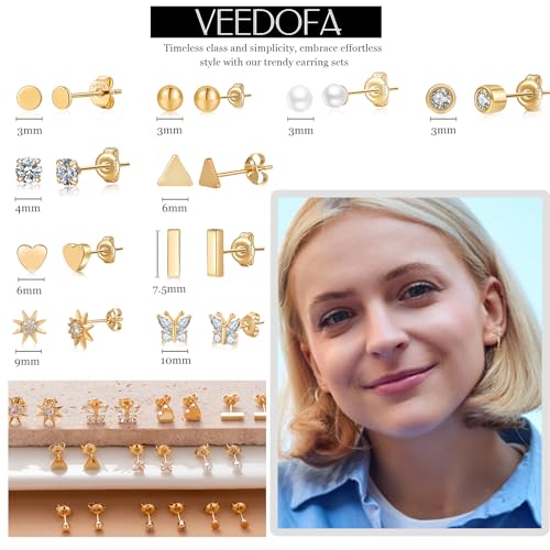 Gold Stud Earrings for Women Hypoallergenic 14K Gold Plated Stud Earrings Sets Gold Ball Stud Earrings for Women, stud-MIX-10-G-ZH-13943