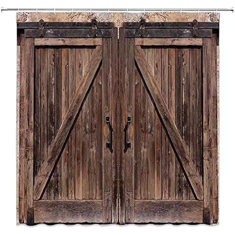 AMHNF Barn Door Shower Curtain Vintage Rustic Wooden Farmhouse Brown Barn Door Plank Western Retro Creative Countryside Art Bathroom Decor Fabric Curtain with Hooks Cover