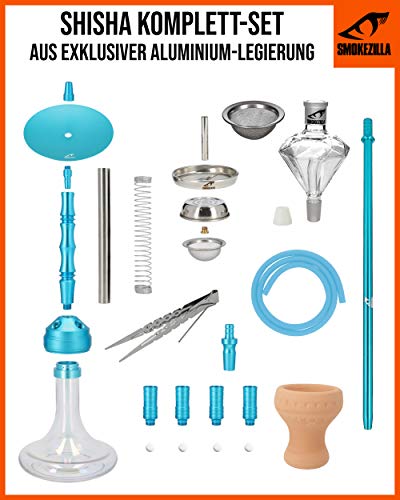 Smokezilla® MINYA Aluminium Shiny Shisha mit 4 Adaptern | Mit Shiny Clear Bowl ! (Sky Blue Shiny Clear) – Bild 3