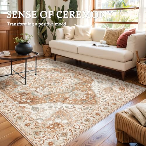 Deerly Vintage Area Rug 5x7 Boho Washable Large Living Room Bedroom Rugs Non Slip Low Pile 5x7 Rug for Kitchen Entryway Bedroom Dining Room Office, Caramel/Beige/Multi