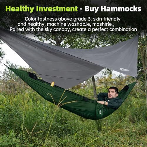 Image of Camping Hammock with Mosquito Net and RainFly Tarp - 2 Person Hammock, Portable Parachute Nylon Hammock for Outdoor, Hiking, Backpacking, Backyard, Travel (Up to 500lbs) - Forest Green