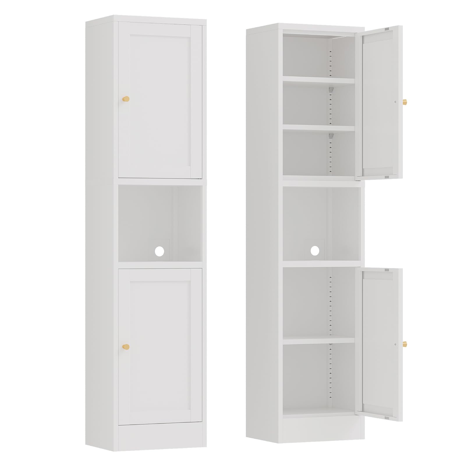 67" Tall Narrow Storage Cabinet with Doors and Open Shelf,Metal Pantry Cabinet,Shaker Style Slim Cabinet with Adjustable Shelves,for Bathroom Kitchen Laundry Small Spaces,White,1Pc