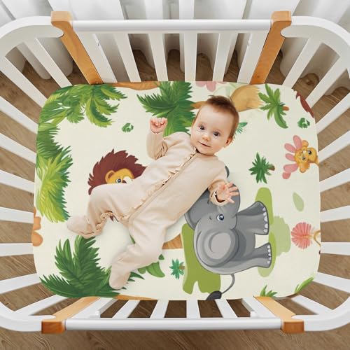 Image of Crib Sheet Breathable Soft Crib Mattress Sheet for Baby Toddler Boys Girls Fitted Crib Sheet Fit Standard Crib Mattress 39 x 27 Inch Beige Lion Elephant Giraffe Cartoon