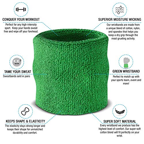 Suddora Wrist Sweatbands, Absorbent and Breathable Thick Cotton Bands for Working Out, Gymnastics, Basketball, Tennis, and Football, Multiuse Wristbands for Costumes and Cosplay (Pair) (Green)