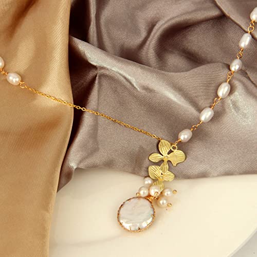 Elexis 18K Gold Big Baroque Pearl Earrings Necklace Set For Women Dangle Handmade Trendy Wedding White Real Freshwater Pearls Homecomin Leaf Flow Hanging Jewelry For Girl Brides Engaged Set Gift Mom #TOP2