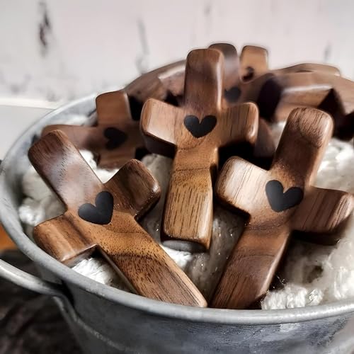 Image of Wooden Cross Fidget Wood Prayer Pocket Cross My Heart Encouragement Gift for Children and Adults(Black 3pcs)