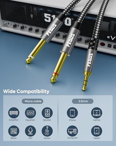 Image of FEDUS Maestro 1.5 Meter 3.5mm 1 /8 inch TRS to Dual 6.35mm 1 /4 inch TS Y-Splitter Cable, 24K Gold Plated, OFC Audio Cord, Aux to Mono Adapter for Amplifier, Mixer, DJ, Guitar, Speaker, PC