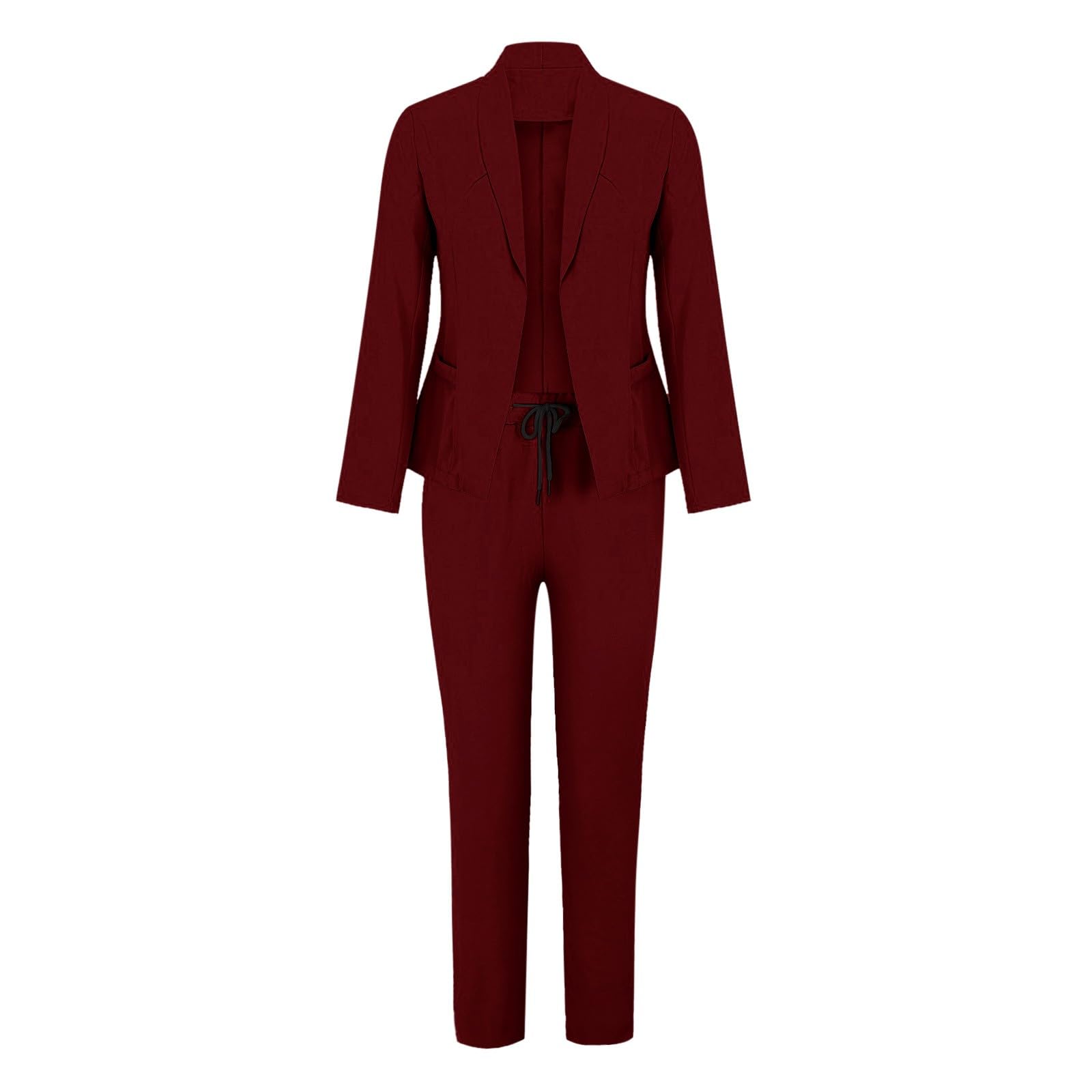 Costume formel 2 pièces pour femme, élégant, couleur unie, cardigan à manches longues, poches, haut élastique, jambe droite