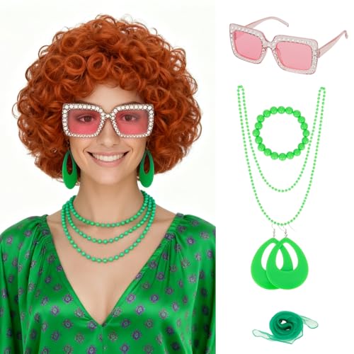 S-noilite Mrs Roper Wig,Short Orange Curly Wig for Women Halloween Cosplay with Green Accessories 7pcs Set (Glasses, Scarf, Long Necklace, Bracelet, Earrings, Hairnet)