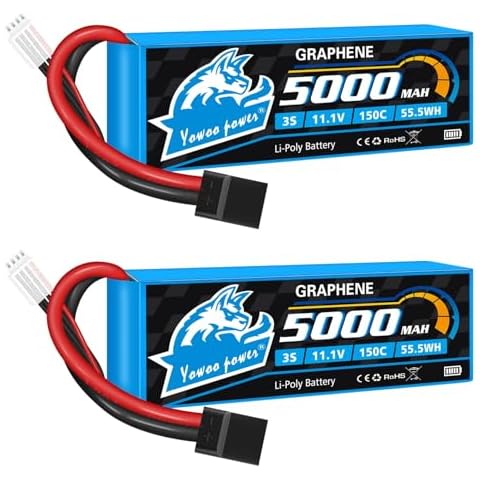 Yowoo 2 Pack 3S Lipo Battery 5000mAh 150C 11.1V Graphene Lipo Battery with TR Plug Connector for RC Airplane Helicopter Quadcopter Boat E-Maxx Axial RC Cars Truck Buggy Truggy Hobby Cover