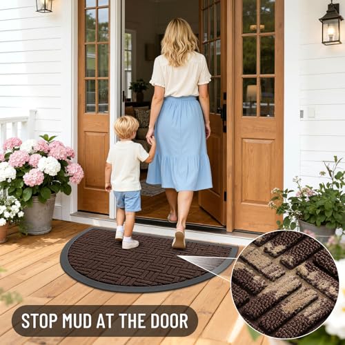 Image of OLANLY Half Circle Door Mat Outside Entrance 29.5x17, Absorbent, Heavy Duty Sturdy Natural Rubber Doormat Indoor Outdoor, Fade Resistant, Non-Slip Backing Low Profile Floor Mat for Entryway, Brown