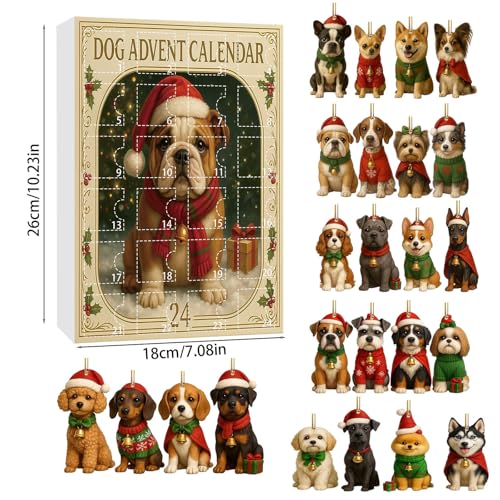 Adventskalender 2025 mit 24 Hunde-Figuren - Weihnachtskalender mit Hundestatuen in Festlicher Kleidung, Tägliche Überraschung vom 1. bis 24. Dezember für Familien (24-tlg Set)