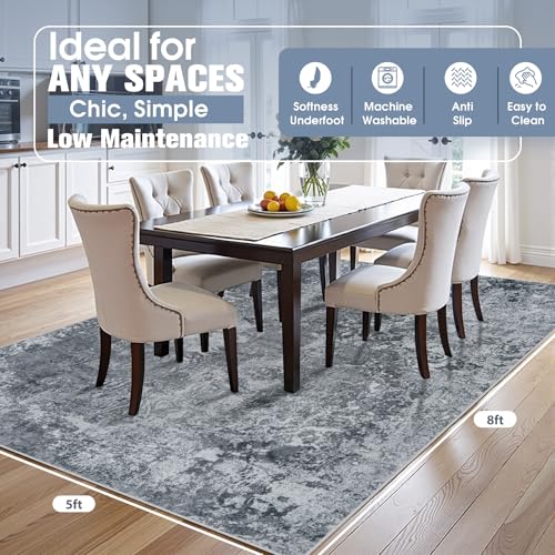 5x8 Area Rugs for Living Room Rug Washable: Abstract Rug for Dining Room Bedroom Carpet Non Slip 5 by 8 Indoor Modern Nursery Home Office Black