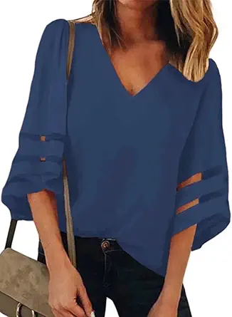 BLENCOT Womens 3/4 Bell Sleeve Fashion V Neck Lace Patchwork Blouse Casual Loose Shirt Tops
