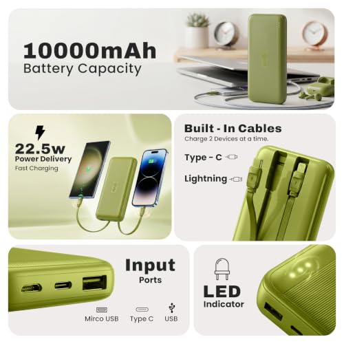 Image of EVM EnConnect 10000mAh Power Bank| 22.5 W Fast Charging | Built-in Type-C & Compact Portable Charger with USB & Type-C Output | for iPhone Android, Pocket Size | 2 Year Warranty(EVM-P0501-Olive Green)