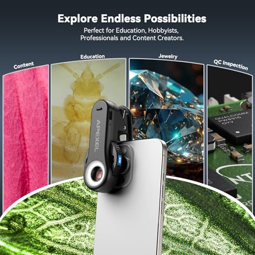 Image of APEXEL Phone Microscope Lens, 40x /80x /120x 3-in-1 Phone Micro Lens | With Universal Clip /CPL /16 LED /8 UV LED, Wheel Design, Pocket Portable Microscope for iPhone, Samsung & Android