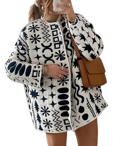 Wyeysyt Women's Quilted Puffer Jacket Lightweight Floral Print Padded Cardigan Button Down Puffy Coat Outwear