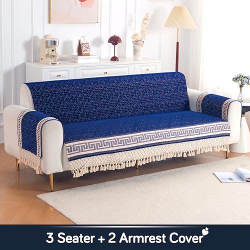 Image of HOKIPO 'Imperial Tassel Series' Premium Chenille Jacquard Sofa Cover Set for 3 Seater for Seat, Back & Arms with Tassels, Royal Blue (IN-1011 + IN-1012-I4*2)