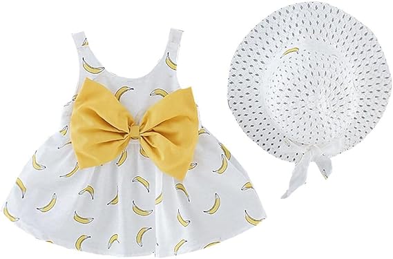 Amazon Co Jp ベビードレス Txwzm キッズドレス 女の子 プリンセス ドレス ドレスワンピース かわいい 新生児 袖ない ピースドレス バナナ柄ワンピース プリンセスドレス 麦わら帽子 2点セット 結婚式 コンサート 誕生日 記念写真 服 ファッション小物