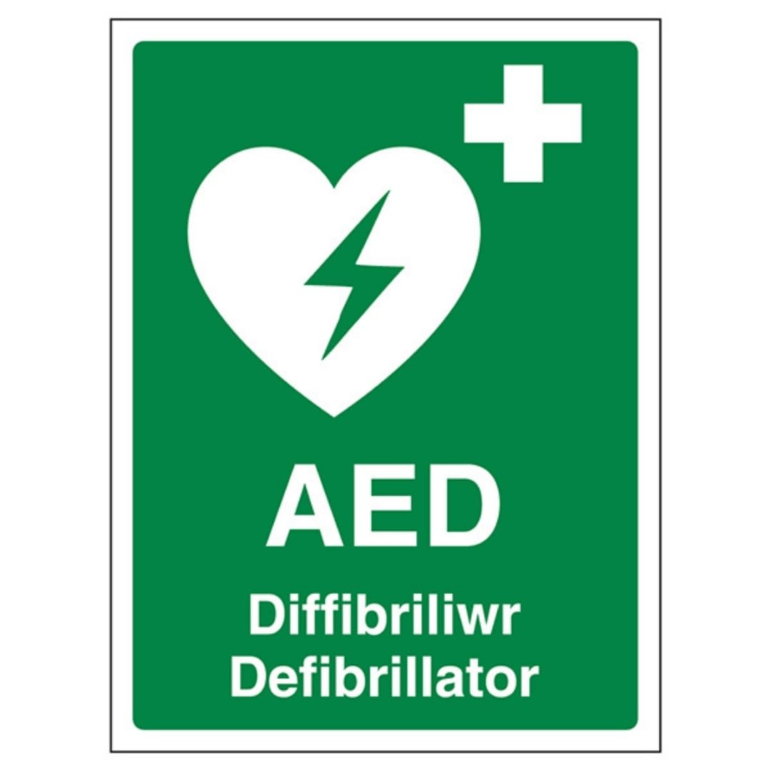 V Safety Welsh/English - AED Emergency Defibrillator 150 x 200mm - 1mm Rigid Plastic Safety Sign