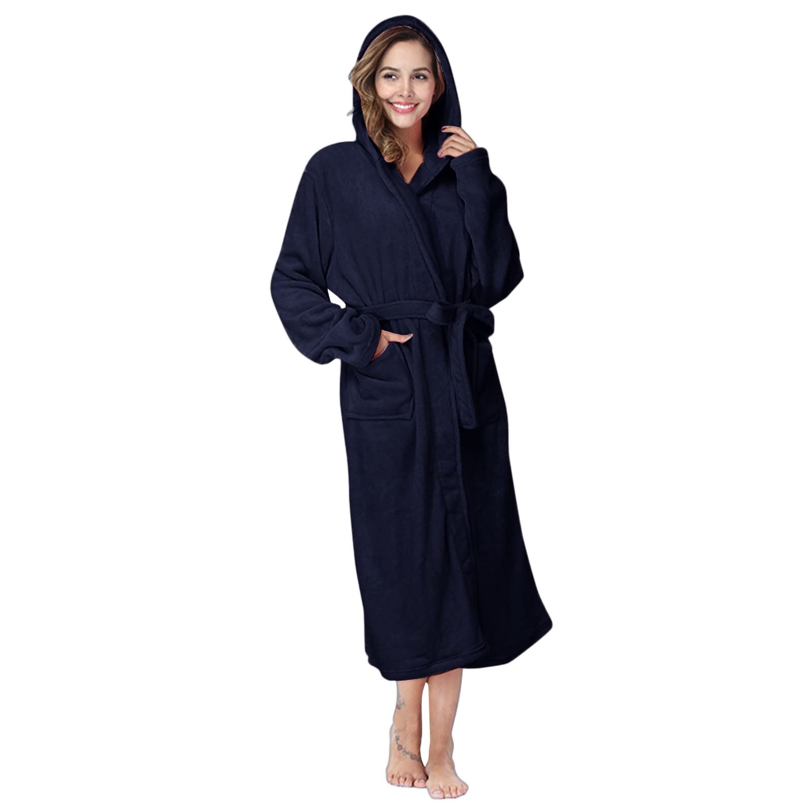 Accappatoio da sauna da donna con cappuccio, in spugna, leggero | Accappatoio da casa con tasche, cintura per legare, loungewear, tinta unita, accappatoio unisex