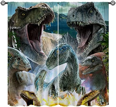 Dinosaur Blackout Curtains for Girls Boy Home Decor, Jungle AnimalJurassic Jungle Raptor 3D Pattern Rod Pocket Thermal Insulated Drapes Darkening Window Curtain for Bedroom Living Room, 84 x 84 Inch