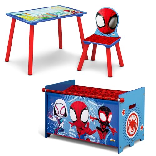 Delta Children Marvel Spidey and His Amazing Friends 3-Piece Toddler Playroom Set Includes Table Chair and Toy Box Blue/Red
