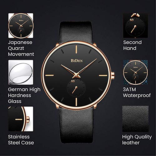 Mens Ultra-Thin Quartz Analog Wrist Watch 30M Waterproof Fashion Minimalist with Leather Band - Gold Black