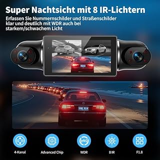 360° Dashcam Voiture Avant Arriere 4k + 1080p-4 Canaux Dash Cam avec Carte SD 64g, Écran IPS 3", Grand Angle 4 X 140°,Vision Nocturne,WDR, G-Capteur,Enregistrement en Boucle,App,24h Mode Parking