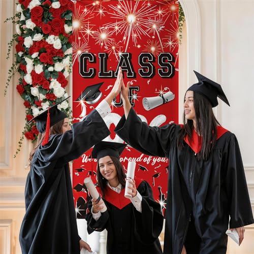 Image of Graduation Banner, Graduation Decoration, 2026 Red and Black Congrat Grad Door Banner, Class of 2026 Grad Sign Backdrop for Indoor Outdoor Yard for University High School Commencement Party 90*185cm