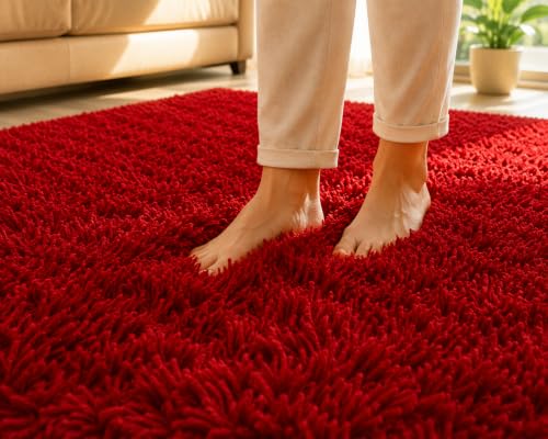 Image of Shaggy Carpet 3x5 Ft for Living Room & Bedroom (Red)