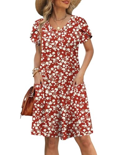 Image of OFEEFAN Womens Summer Dresses 2026 Tulip Petal Short Sleeve V Neck Loose Swing Sundresses with Pockets Plain /Print