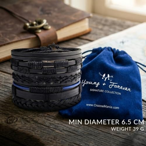 Image of Young & Forever Multi-Pack Men's Leather Bracelet Set - Braided Rope, Vintage Bead, Gothic Punk Skull, & Boho Wrapped Multi-Layer Cuff Wristbands, Adjustable Jewelry Pack