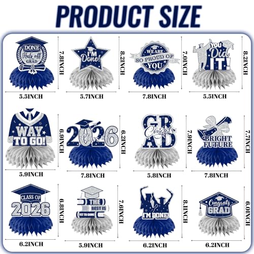 Image of 12pcs Graduation Table Decorations,Silver and Navy Blue Graduation Decorations 2026 Graduation Centerpieces for Tables,Class of 2026 Centerpieces Honeycomb for Congrats Grad Table Decor (Navy Blue)