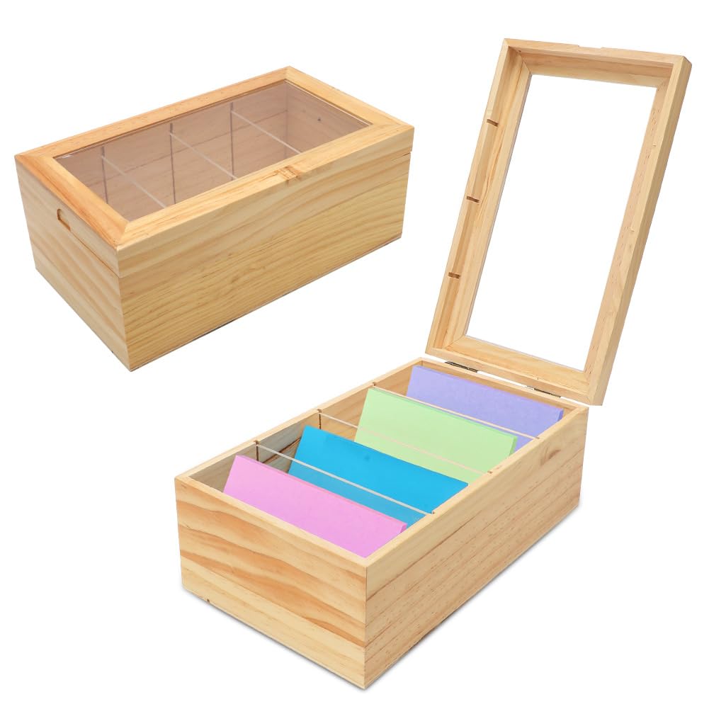 LOMUG Karteikarten Box, Karteikasten A7 Holz mit Transparent Staubdicht Deckel, Vokabelbox Lernkarteibox für Büro Schulen, 25,4cm*15cm*10,2cm