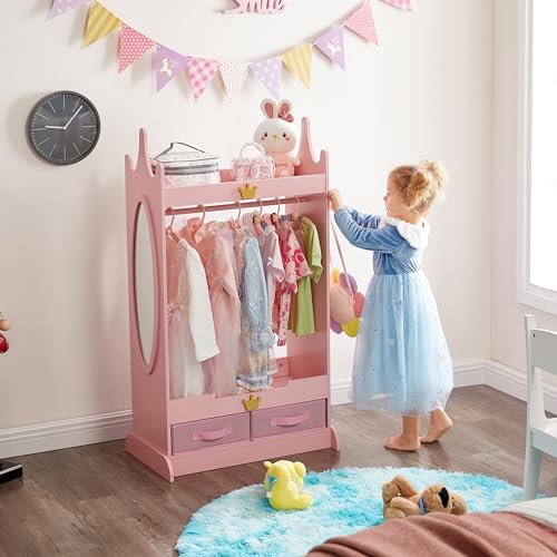 Kids-Dress-Up-Storage-with-Mirror-Kids-Armoire-with-Non-Woven-Drawers-Open-Costume-Closet-with-Hanging-Rack-for-Toddlers-Pink Kids Dress Up Storage with Mirror Kids Armoire with Non Woven Drawers Open Costume Closet with Hanging Rack for Toddlers Pink