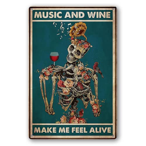 WEIMEILD Music and Wine Make Me Feel Alive, décoration murale vintage en métal pour pub, bar, jardin - 20,3 x 30,5 cm (étain-8)