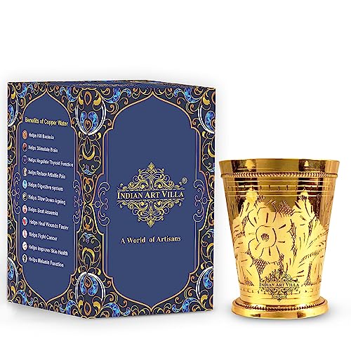 Image of INDIAN ART VILLA Brass Embossed Flower Design Julep Glass, Traditional Drinking Tumbler for Water, Lassi, Buttermilk & Beverages, Drinkware for Home, Restaurant & Gifting, 300 ML, Set of 1