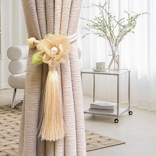 BDHRKTE Flower Curtain Tiebacks 2 PCS,Simple Elegant Tassel Curtain Tie Backs,Accessories Wall Decoration ,Drapery Tiebacks for Bedroom Window Treatment (Rice White)