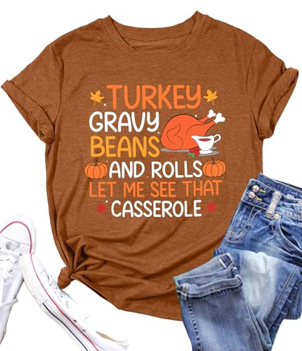 Image of Thanksgiving Shirts Women Turkey Gravy Beans and Rolls Tshirts Funny Turkey Graphic T-Shirt Family Thanksgiving Tops