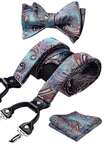 HISDERN Tirantes para hombres Tirantes de corbata Conjunto de panuelo de bolsillo ajustable con corbata de lazo ajustable