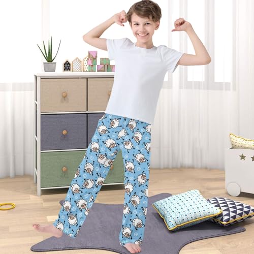 Boy's Pj Pants Cute Flying Sheep Blue Lounge Bottoms Elastic Kids Sweatpants Joggers with Pockets Size 6-144