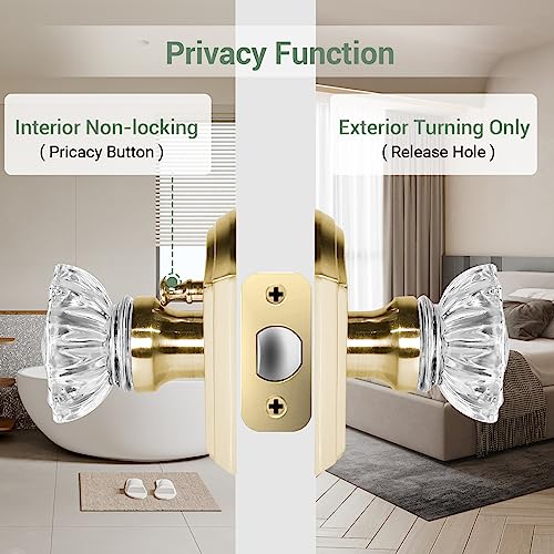 Crystal Door Knobs, Satin Brass Glass Door Knobs Interior Rose Shape with Lock Privacy Function, Vintage Antique for Bedroom Bathroom